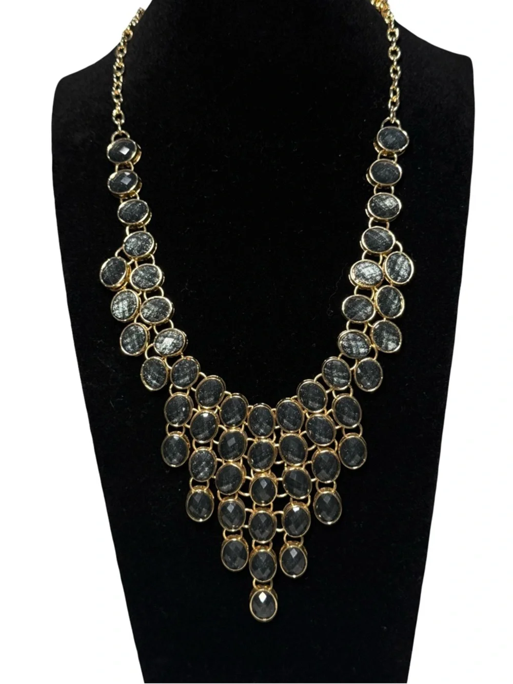 🔆🔅 STUNNING Gold-Plated Statement Necklace with Dark‎ Faceted Stones 🔅🔆